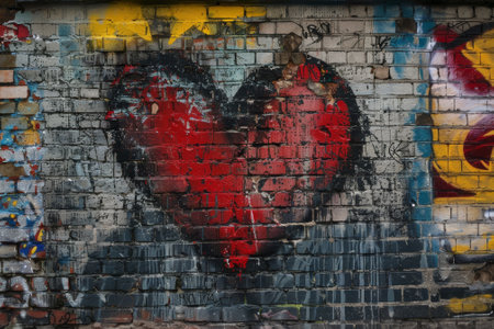 A heart painted on a brick wall. The heart is red and has a black outline. The wall is blue and has graffiti on it. The heart is surrounded by graffiti, which gives the wall a sense of urban decayの素材