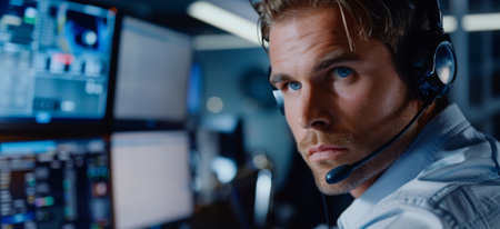 A man wearing a headset is looking at a computer monitor. He is wearing a blue shirt and has a beardの素材