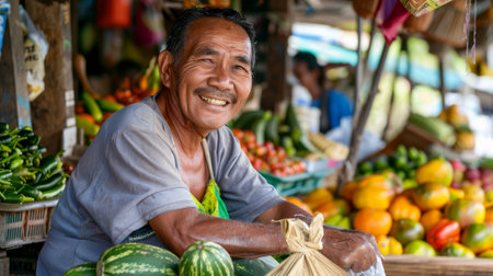A man is smiling and sitting in front of a fruit stand. He is surrounded by a variety of fruits and vegetables, including watermelons, oranges, and apples. Concept of happiness and contentmentの素材
