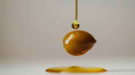 A drop of oil is falling from a bottle onto a white surface. Concept of movement and fluidity, as the oil droplet seems to be suspended in mid-air. The contrast between the dark, oily substanceの素材