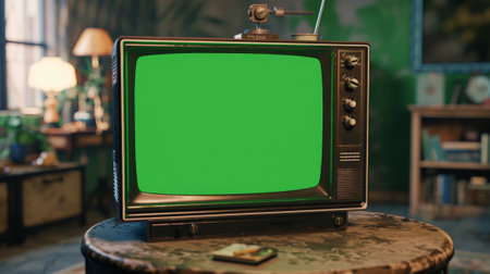 A green screen television sits on a wooden table in a living room. The room is filled with various pieces of furniture, including a couch, a chair, and a dining tableの素材