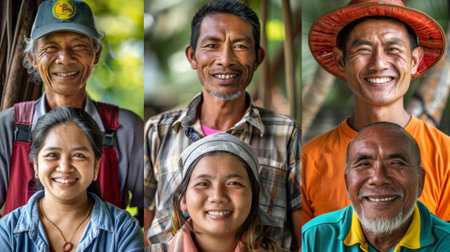 A group of men and women are smiling for the camera. The women are wearing blue and the men are wearing hats. Scene is happy and friendlyの素材