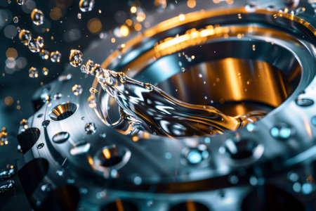 A shiny metal object with water droplets on it. The water droplets are scattered all over the object, creating a sense of movement and fluidity. The shiny metal surface reflects the lightの素材