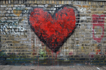 A heart painted on a brick wall with the word FRX on it. The heart is dripping with paint, giving it a messy and chaotic appearance. The graffiti on the wall adds to the urban overallの素材