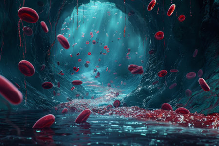A cave with red blood cells falling from the ceiling. The cave is dark and the blood cells are scattered all over the floorの素材