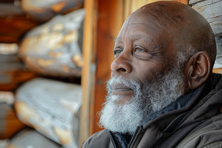 A man with a beard and gray hair is sitting on a log. He is wearing a black jacket and a black hatの素材