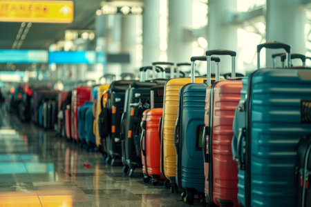 A row of suitcases are lined up on a tarmac. The suitcases are of different colors and sizesの素材