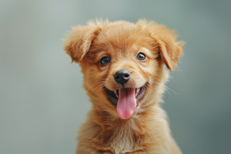 A cute little dog with a tongue sticking out. The dog is smiling and looking at the cameraの素材