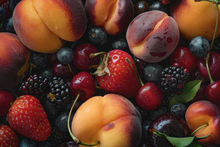 A close up of a fruit salad with a variety of fruits including blueberries, strawberries, and peaches. Concept of abundance and freshness, as the fruits are piled high and appear to be ripeの素材