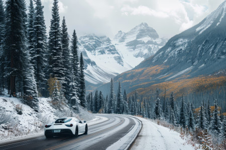 A white car is driving down a snowy mountain road. The car is in the foreground and the mountains are in the background. The scene is peaceful and sereneの素材