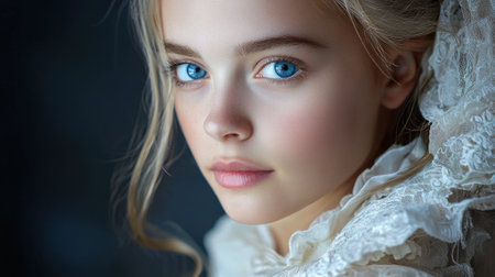 A young woman with blue eyes and blonde hair is wearing a white lace dress. She has a pretty smile and is looking directly at the cameraの素材