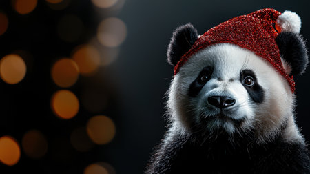 A panda bear wearing a red Santa hat. The bear is looking at the camera with a smileの素材