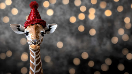 A giraffe wearing a red hat and standing in front of a blurry background. The giraffe is the main focus of the image, and the hat adds a festive and playful touch to the sceneの素材