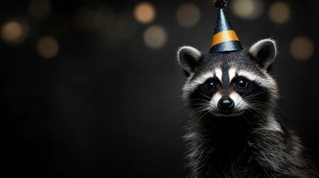 A raccoon is wearing a party hat and standing in front of a dark background. The image has a fun and festive mood, as if the raccoon is celebrating a special occasionの素材
