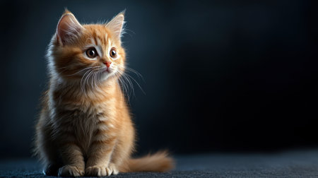 A small orange kitten is sitting on a black surface. The kitten has a curious look on its faceの素材