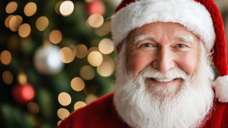 A smiling man in a red Santa hat and red sweater. He is looking at the camera. The background has a Christmas tree with lights and ornamentsの素材