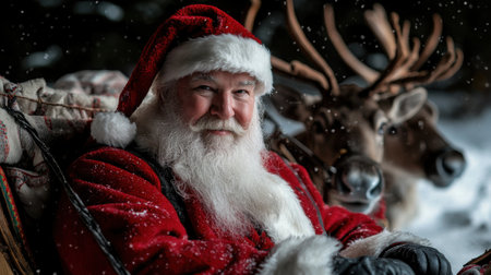 A man dressed as Santa Claus is sitting in a sleigh with reindeer. He is smiling and he is enjoying the rideの素材