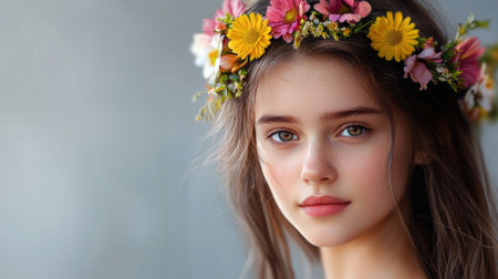A young woman with a flowery headband is smiling. The image has a bright and cheerful moodの素材