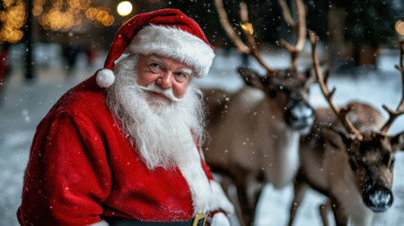 A man dressed as Santa Claus stands in front of two reindeer. The scene is set in a snowy environment, and the man is smilingの素材