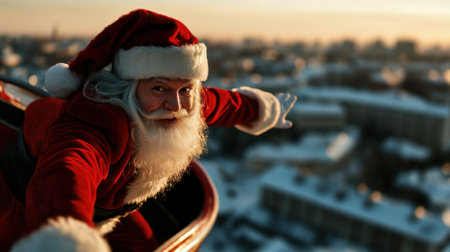 A man in a red Santa Claus suit is smiling and looking down at the city below. Concept of joy and holiday spiritの素材