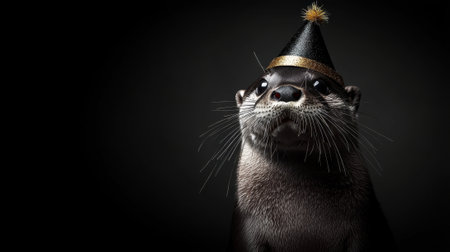 A black and white photo of a small animal wearing a black hat. The animal is looking at the camera with a smile on its faceの素材