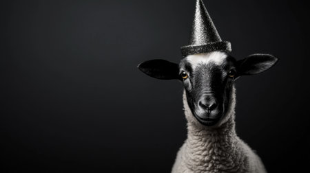 A sheep with a party hat on its head. The hat is silver and has a gold rimの素材