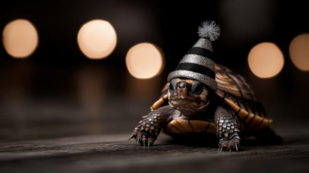 A small turtle wearing a hat and standing on a wooden floor. The hat is black and white stripedの素材