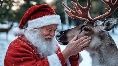 A man in a red Santa hat is petting a deer. The scene is festive and joyful, with the man and deer sharing a moment of connectionの素材