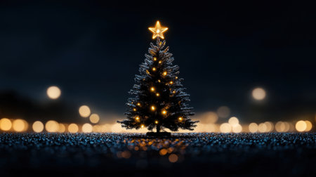 A small Christmas tree with a star on top is lit up in the dark. The tree is surrounded by a blurry background, giving the impression of a nighttime sceneの素材