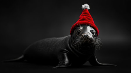 A black and white photo of a seal wearing a red hat. The photo has a dark and moody atmosphereの素材