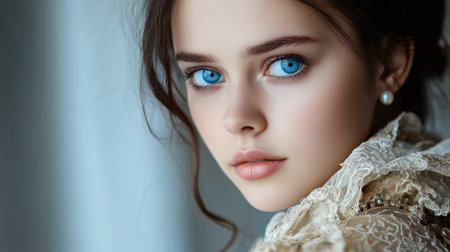 A woman with blue eyes and a white dress. She is wearing a pearl earring. The image has a calm and serene moodの素材