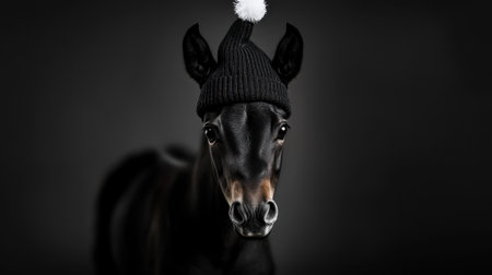 A horse wearing a black hat is staring at the camera. The horse is the main focus of the imageの素材