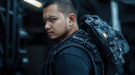 A man in a black shirt and black backpack is standing in front of a wall. He has a serious expression on his faceの素材