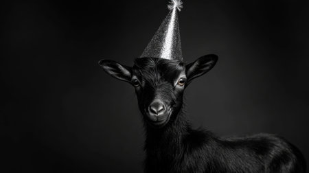 A black goat wearing a party hat. The goat is smiling and looking at the camera. The image has a fun and lighthearted moodの素材