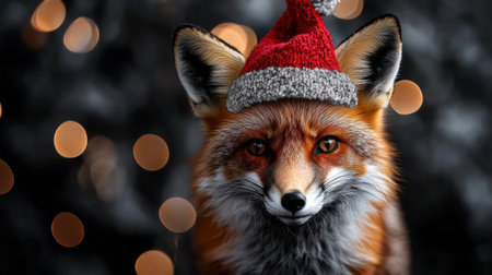 A fox is wearing a red Santa hat and smiling. The image has a festive and playful mood, as the fox is dressed up for the holidaysの素材