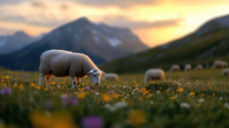 A herd of sheep grazing in a field of flowers. The sheep are scattered throughout the field, with some closer to the foreground and others further back. The scene is peaceful and sereneの素材