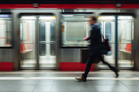 A man is running through a subway station. The train is in the background. The man is wearing a black jacket and carrying a briefcaseの素材