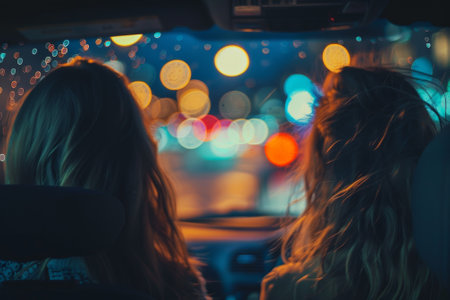 Two women are in a car, looking out the window at the city lights. Scene is one of excitement and adventure, as the women are likely on a road trip or exploring a new cityの素材