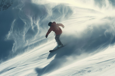 A snowboarder is riding down a snow-covered slope. The snowboarder is wearing a red jacket and he is enjoying the ride. The scene is dynamic and exciting, with the snowboarder carving through the snowの素材