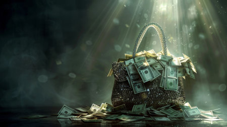 A purse filled with money is sitting on a table. The purse is covered in gold and silver beads, and the money inside is in various denominations. Concept of wealth and abundanceの素材