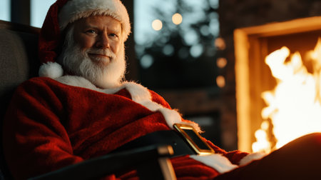 A man in a red Santa suit is sitting in front of a fireplace. He is smiling and he is enjoying the warmth of the fireの素材