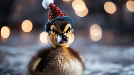 A duck wearing a Santa hat is standing on a surface. The duck is wearing a hat and he is in a festive moodの素材