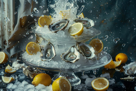 A glass platter with oysters and lemons on top of it. The oysters are covered in ice and the lemons are slicedの素材