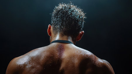 A man with a black shirt and a black band around his neck. He is sweating and has a red mark on his backの素材