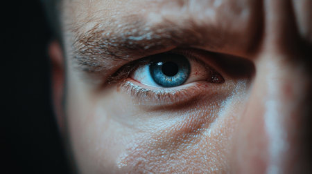 A man with a blue eye and a scowl on his face. The eye is the main focus of the image, and the man's expression suggests that he is angry or upsetの素材