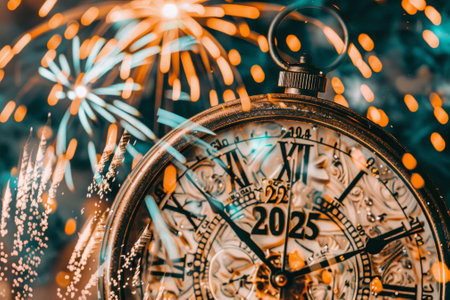 A clock with the numbers 12 and 25 on it. The clock is surrounded by fireworks and the skyの素材
