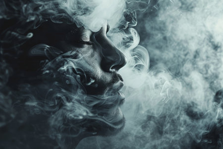 A woman's face is obscured by smoke, creating a sense of mystery and intrigue. The smoke seems to be coming from a source behind her, adding to the atmosphere of the imageの素材