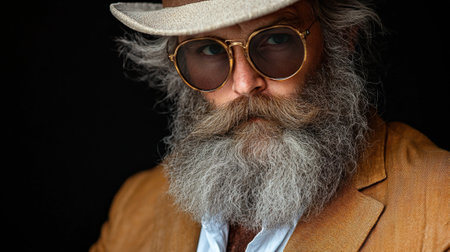 A man with a mustache and glasses is wearing a hat and a brown jacket. He is looking at the cameraの素材