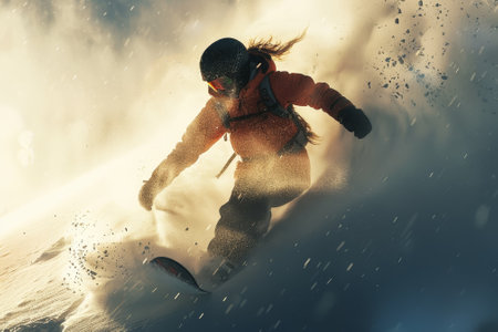 A snowboarder is in the air, with snow flying around him. Concept of excitement and adrenaline, as the snowboarder is performing a trickの素材