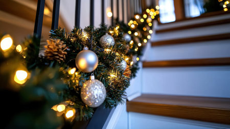 A staircase is decorated with Christmas lights and a wreath of pine needles. The wreath is topped with a string of Christmas ornaments, including a large silver ball. The scene is festive and warmの素材